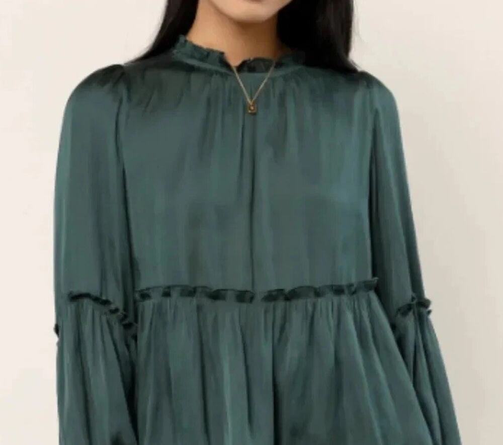 BOHME Green Long Boho Puff Sleeve Zip Up Top Medium A009521